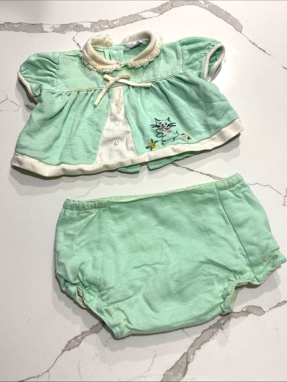 Vintage 1970s Cradle Togs Baby Girl 2-Pc Bloomer Set Mint Green Cotton Size 0